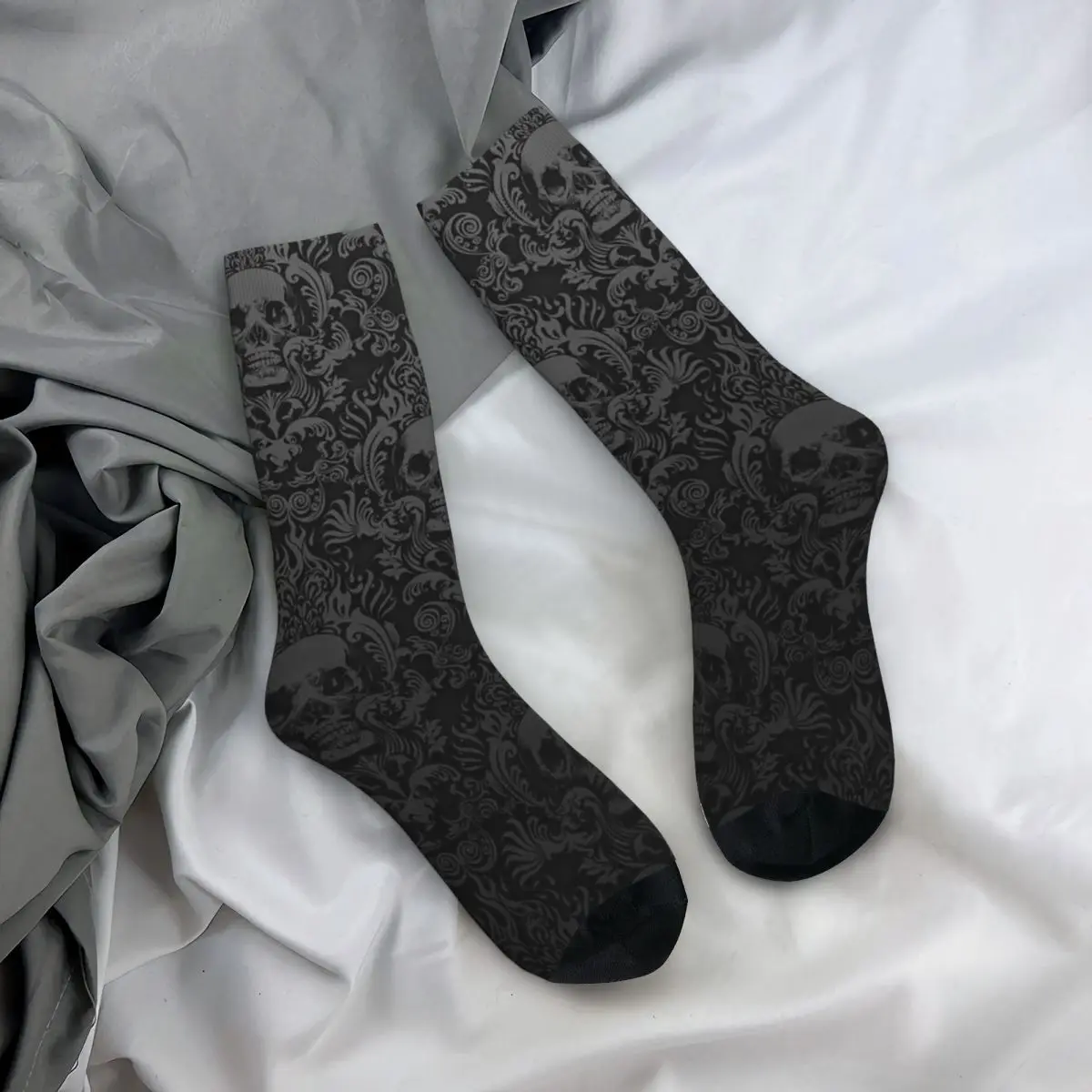 All Seasons Crew Stockings Vintage Black Gothic Skull Damask Socks Casual Long Socks for Men Women Valentine's Day Gifts