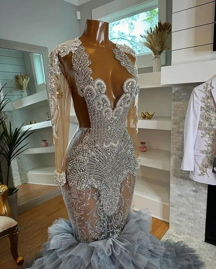 Silver Long Sleeve Sparkly Trumpet Prom Dress for Black Girl Diamond Crystal Birthday cusotmsized vestidos de noche ruffles