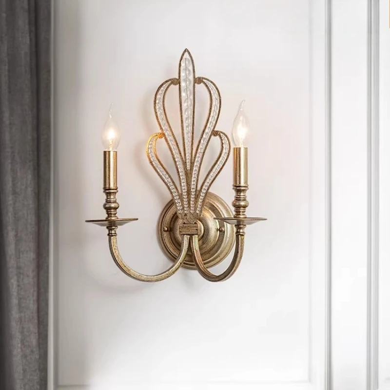 

American Retro Gold Wrought Iron Wall Lamps Double-headed Candle Lights Living Room Bedroom Corridor Restaurant Crystal Sconces