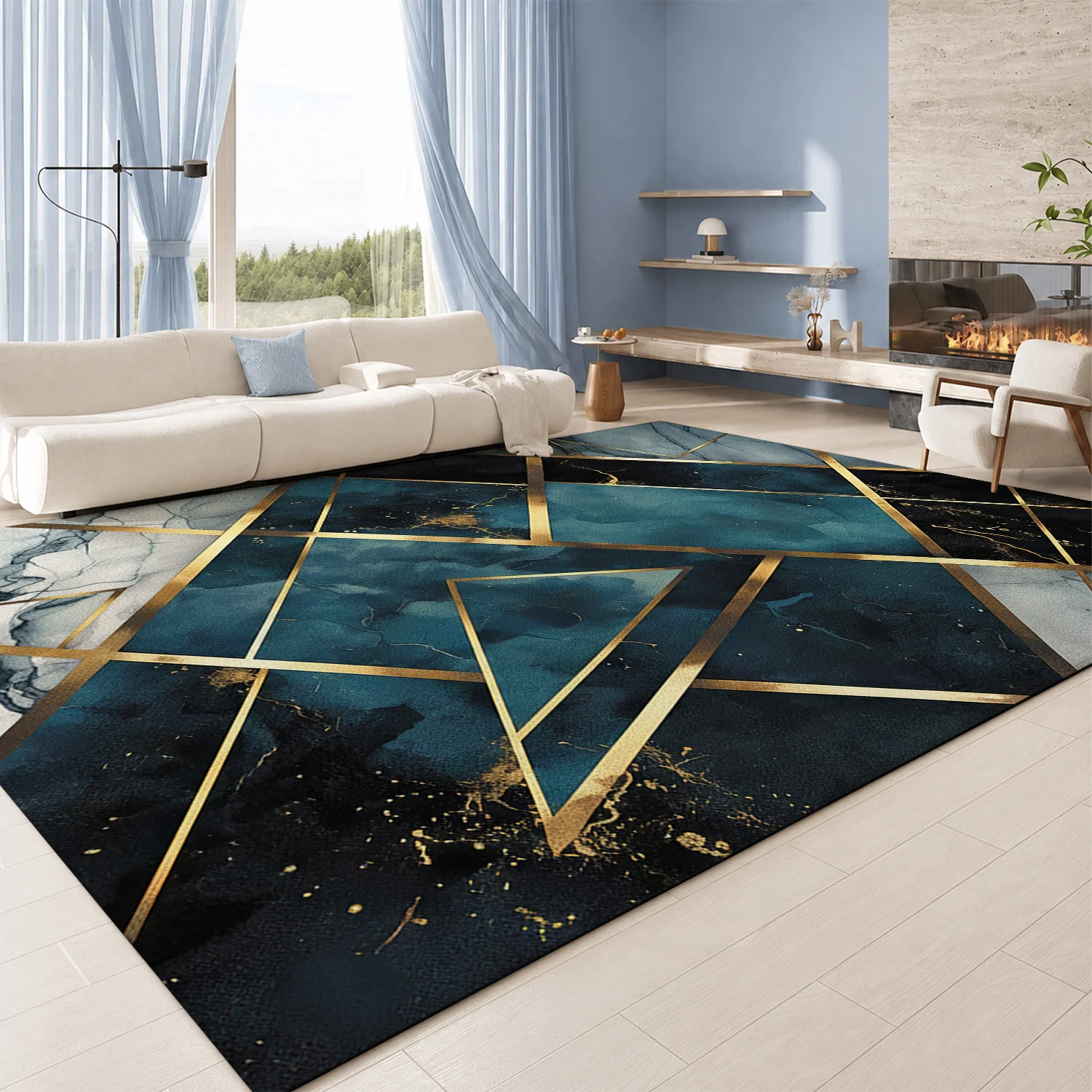 Large Indoor Area Rug, Soft Velvet Low Pile, Non-slip Dotted Backing, Machine Washable Teal Gold Geometric Marble Rug for Living Room, Bedroom Modern Home Decor