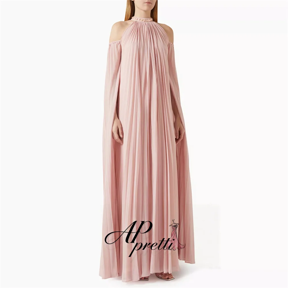 AP pretti Elegant Pink Pleat Chiffon A-line Evening Gown Dress Halter Long Sleeves Prom Gown Customized Wedding Reception Dress