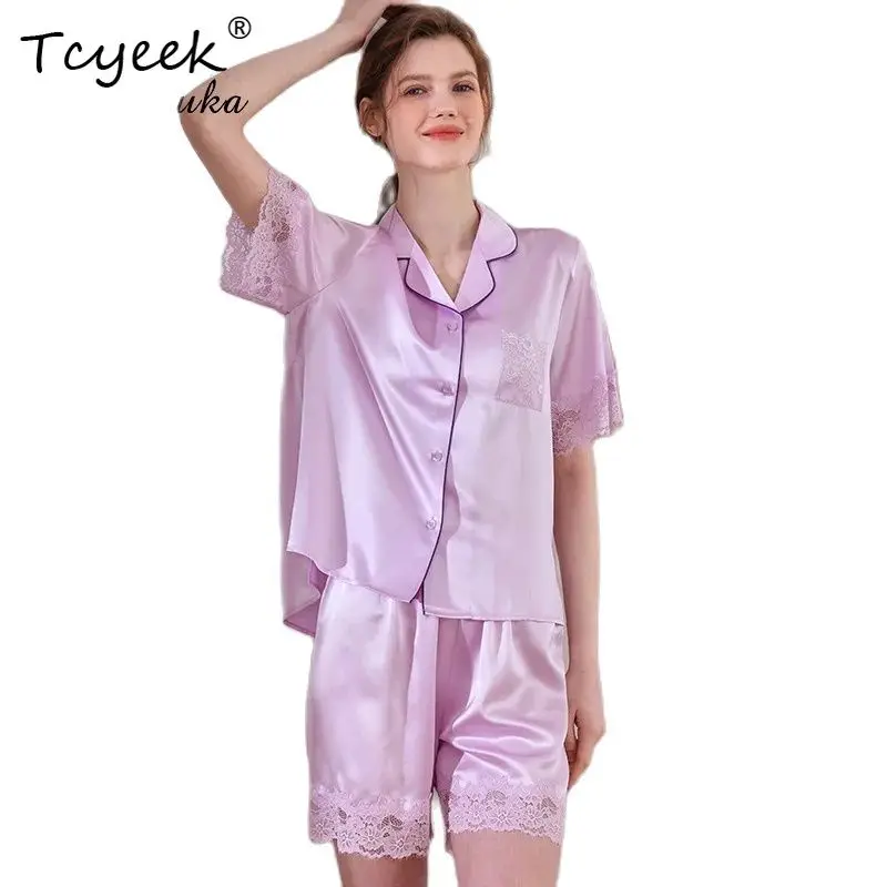 

Tcyeek, 19MM 100%Real Silk Pajamas Set, Women Short Sleeve Lace Top Shorts, Casual Sweet Homewear, 2024 Summer Autumn S47679QM