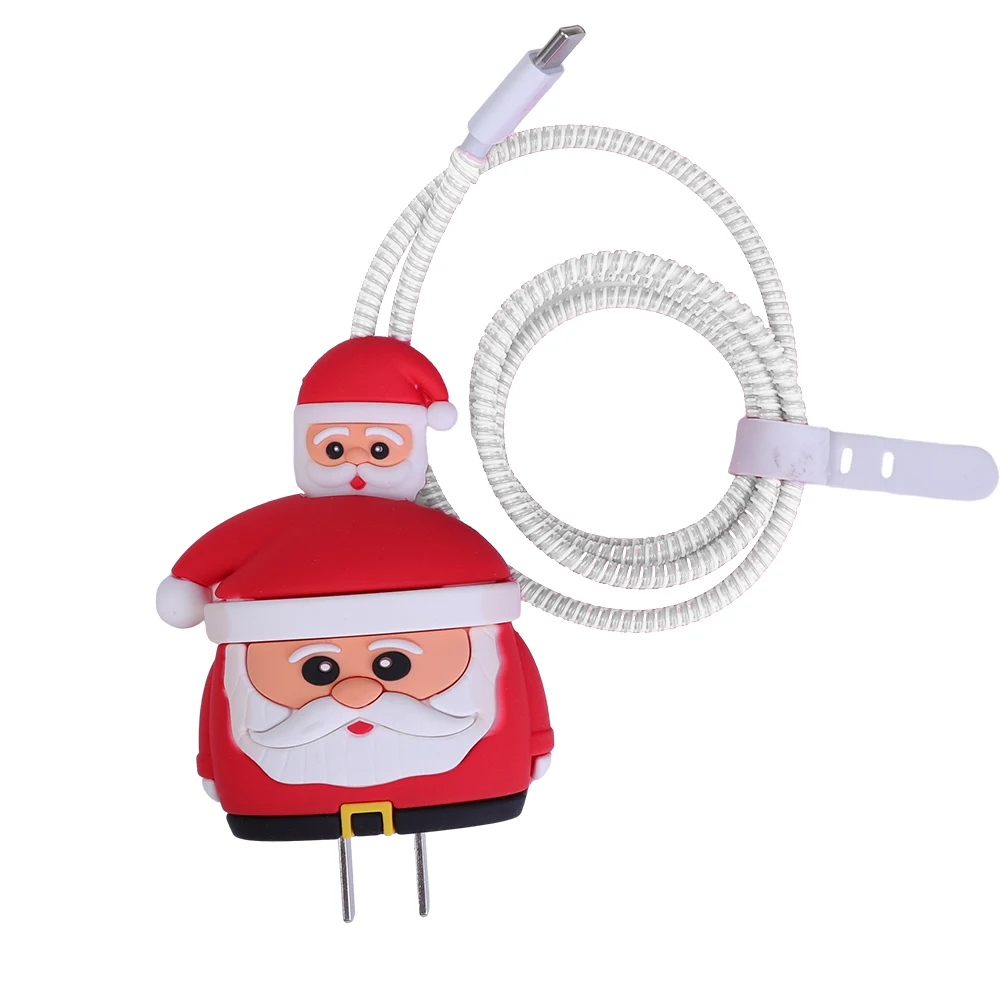 Christmas Cartoon Santa Tree Charger Protector Sleeve for Apple 18/20W Power Adapter Silicone Case Anti-break Spiral Cable Saver