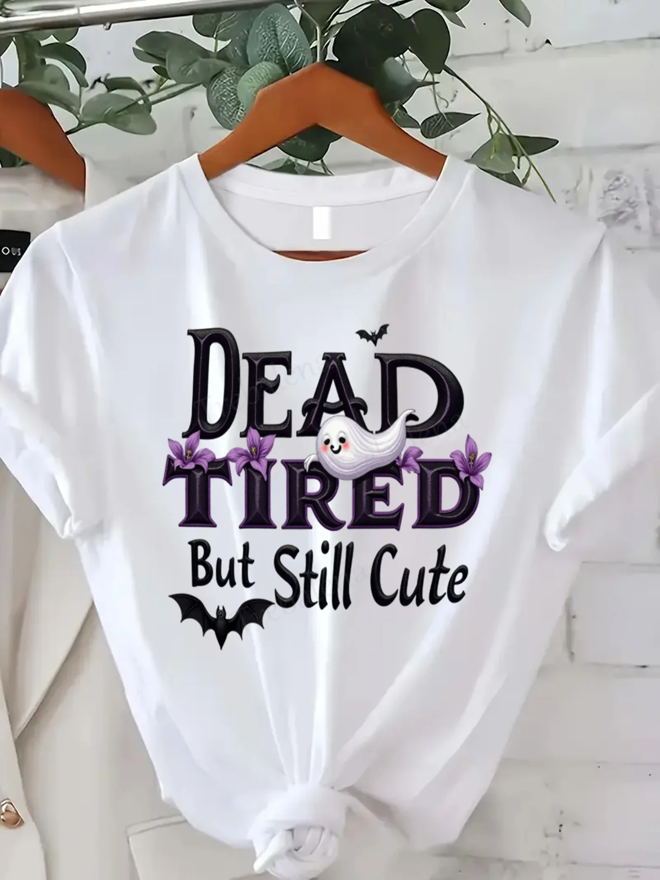 

Футболка с круглым вырезом Dead Tired But Still Cute Halloween Ghost Bat Tee Женская футболка больших размеров с коротким рукавом Модный повседневный топ