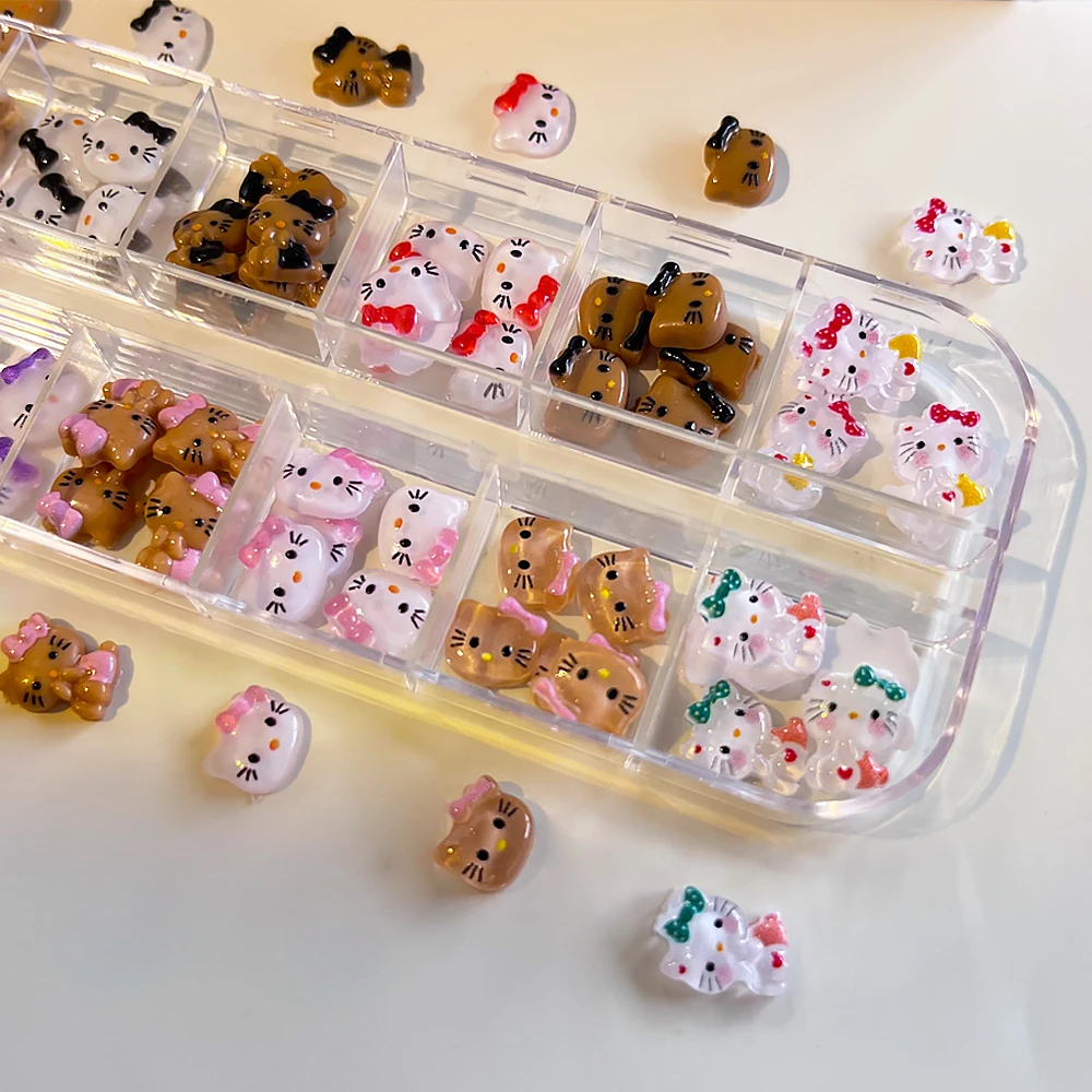 12グリッド 3D漫画 ハローキティ ネイルアートチャーム 可愛いブラウン/タンニングキティヘッド ネイル用品 グリッターピンク KTボウデザイン ネイルデコ