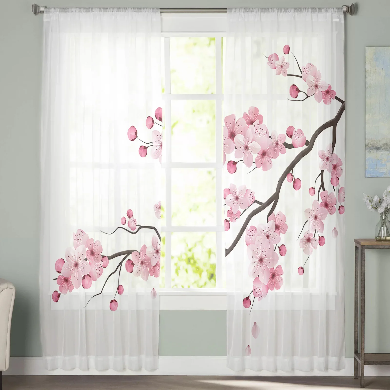 Japanese Pink Flower Cherry Blossom White Sheer Curtains for Living Room Tulle for Windows Voile Yarn Short Bedroom Curtains