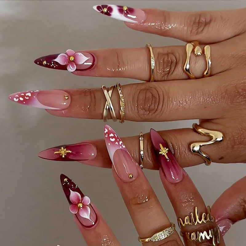 24Pcs French Blush Pink Designs Press on Nails Full Cover Flowers Acrylic Long Almond Fake Nails Reusable Fashion Nail Tips Art view 3