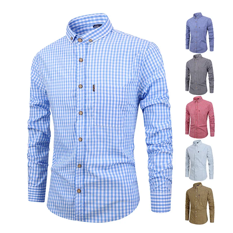 Us size 100% cotton men\'s long sleeve shirt with pocket plaid non-ironing casual high quality breathable plus size slim fit