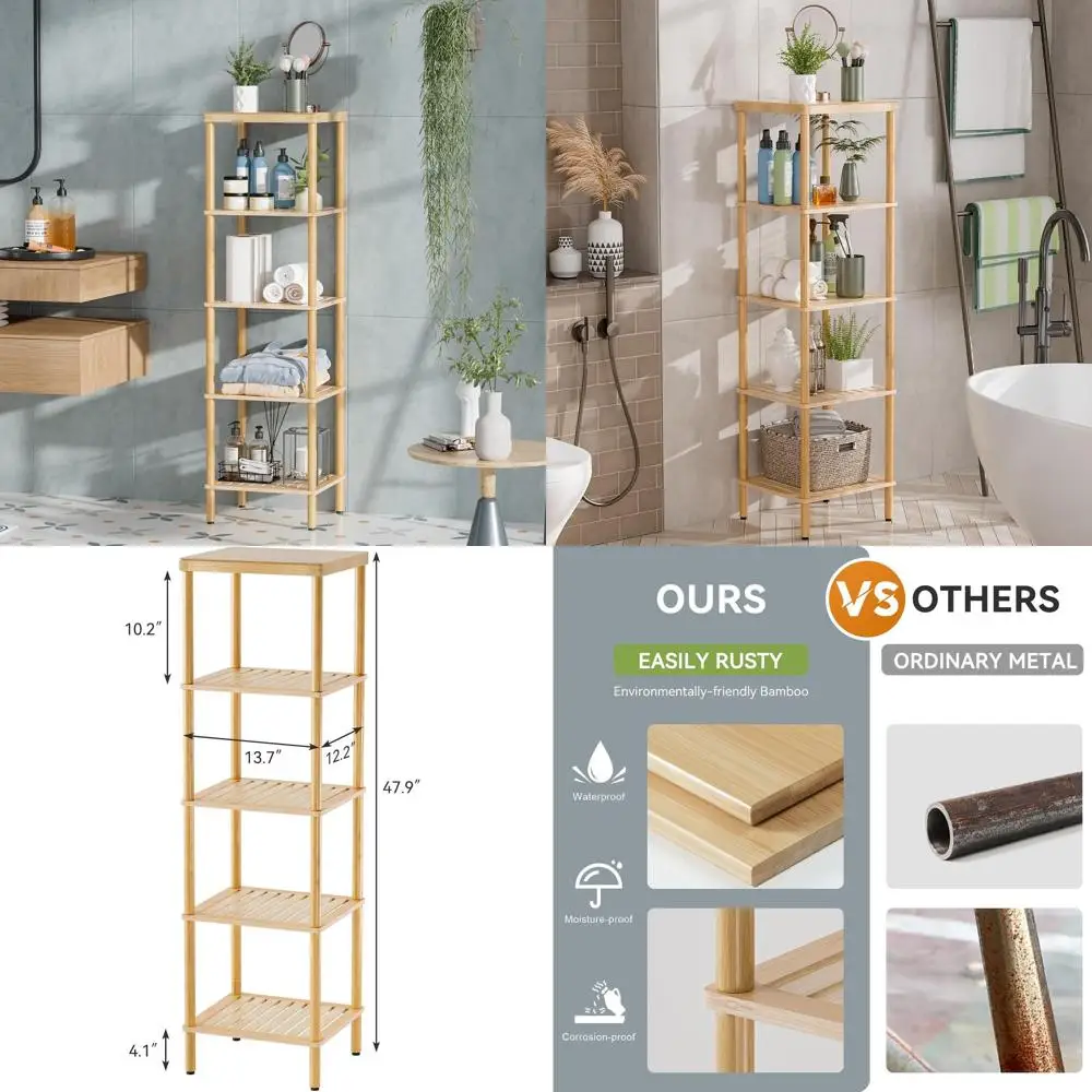 

5-ярусная бамбуковая полка для ванной комнаты, напольный стеллаж для хранения в гостиной, спальне, на кухне, натуральное покрытие