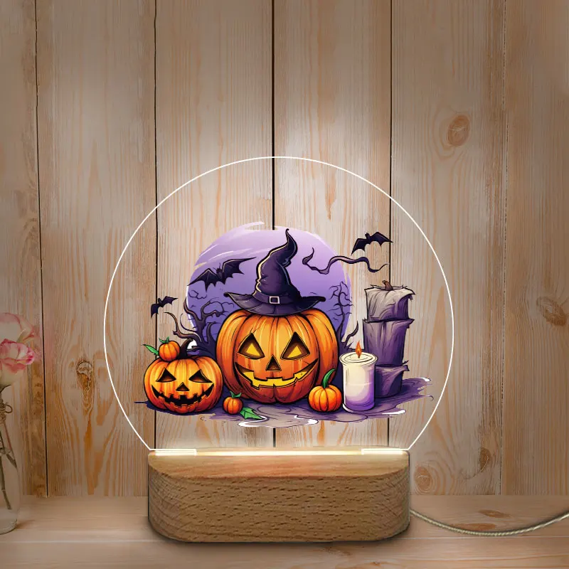 Veilleuse LED USB personnalisée avec base en bois, lampe de nuit, décoration d'Halloween, impression de documents, maison, chambre de bébé et de mère