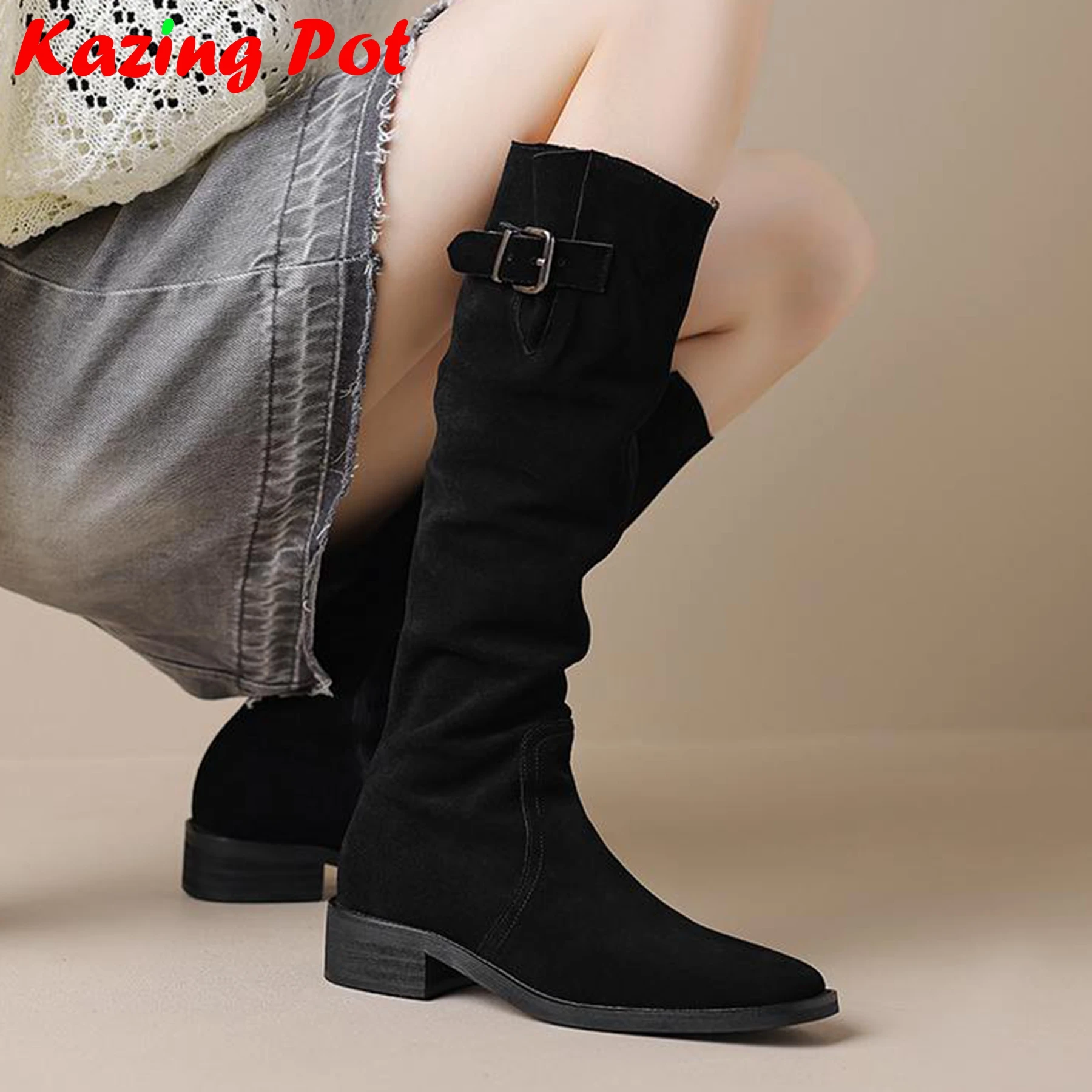 Krazing Pot Cow Suede Nubuck Round Toe Thick Heels Riding Boots Metal Buckle Keep Warm British School Slip On Thigh High Boots