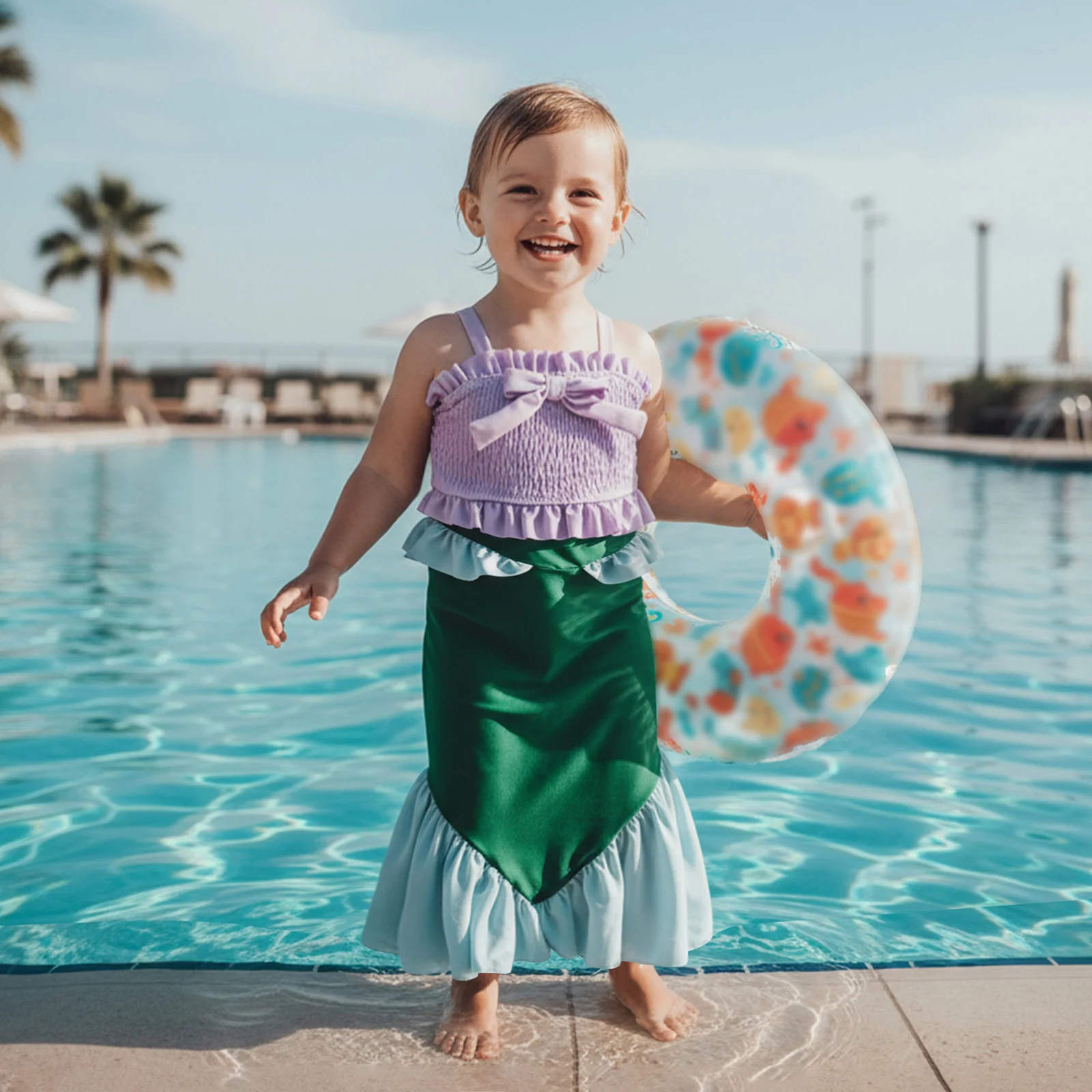 Toddler Kids Girls Swimsuit 3Pcs Set Ruffled Trim Smocked Spaghetti Strap Tops Shorts and Contrast Color Long Skirt