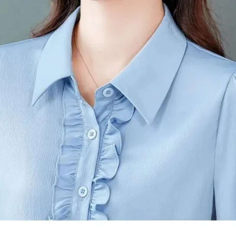 2024 Summer Women\'s Casual Fashion Elegant Commuter Lapel Solid Color Wooden Ear Button Western Versatile 3/4 Sleeve Short Shirt