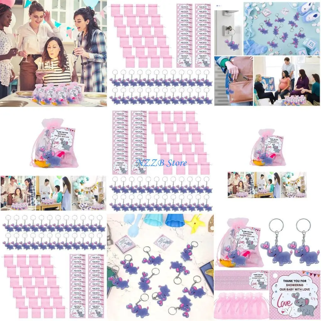 

T21F 24 шт. брелок с изображением слона, подвеска, сумка из органзы, открытка с благодарностью, детский душ