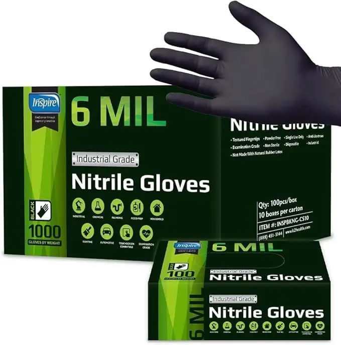 

Heavy Duty 6 Mil Nitrile Gloves, Chemical Resistant for Medical Cooking Cleaning Disposable Black