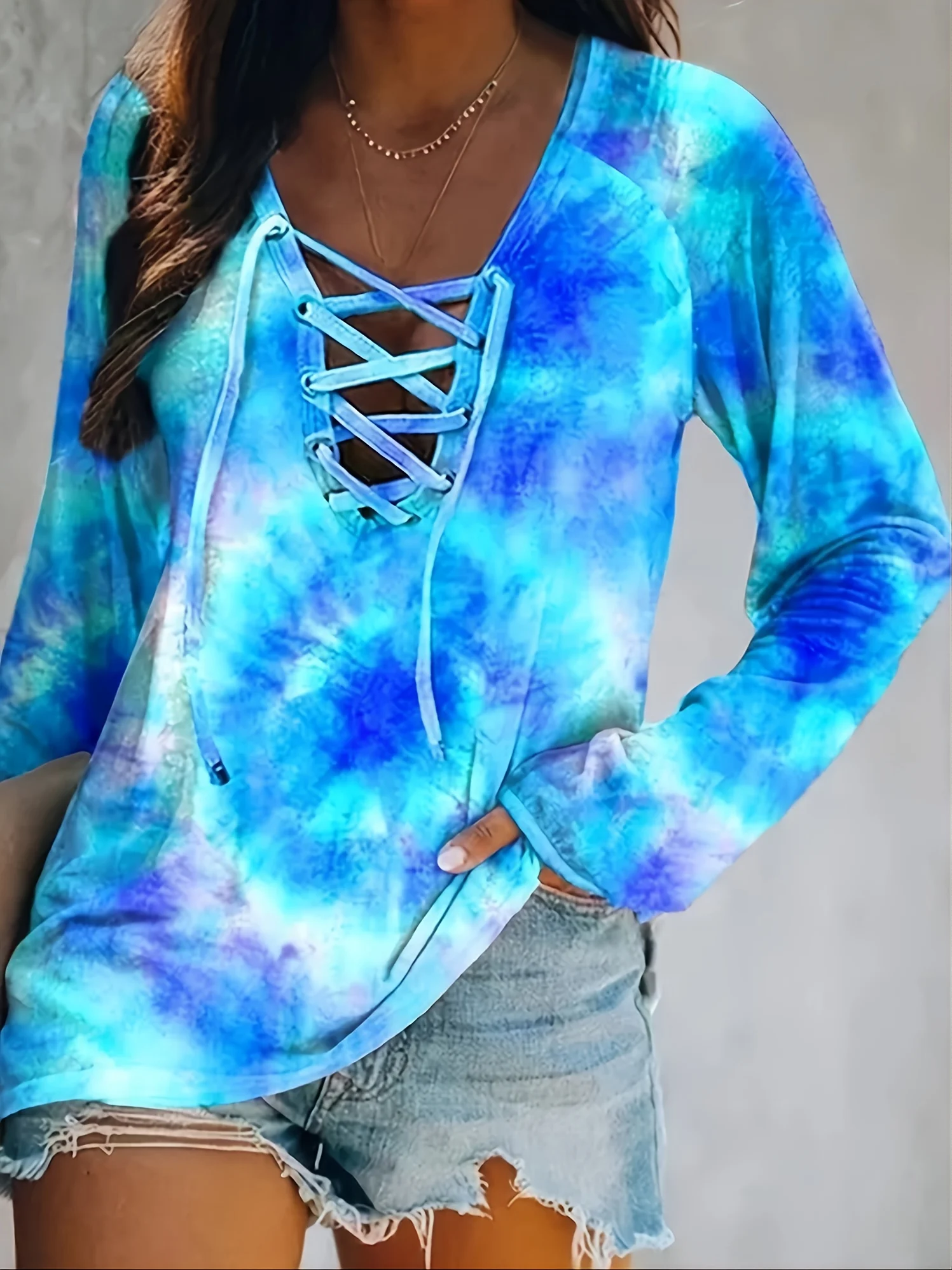 New Fashion Ladies Tie Dye Long Sleeve Strap V-Neck T-shirt Streetwear Women\'s Casual Loose Plus Size Top T-Shirts