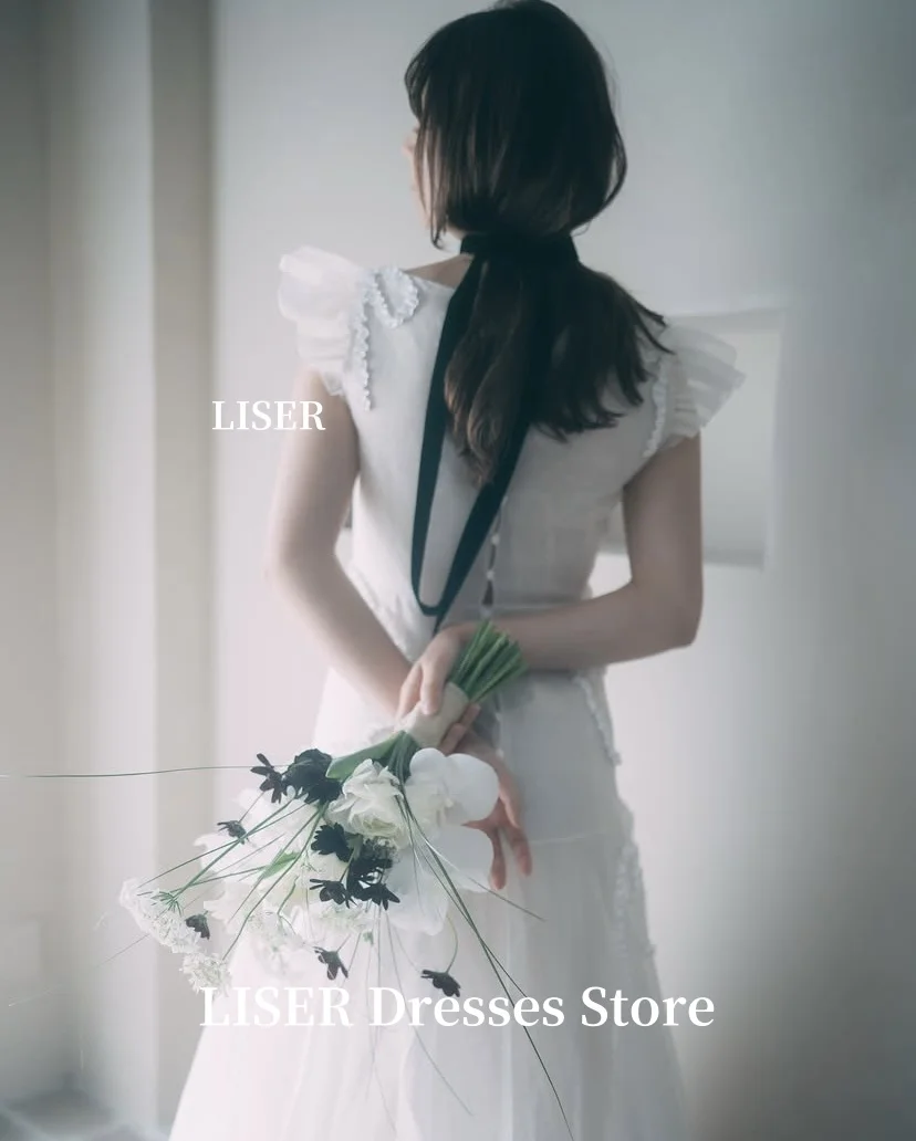 Liser O-pescoço Doce Coréia Vestidos de Casamento Manga Curta Tule Macio Sessão de Fotos Vestidos de Noiva Brilhantes ...........an espartilhos Personalizados Voltar