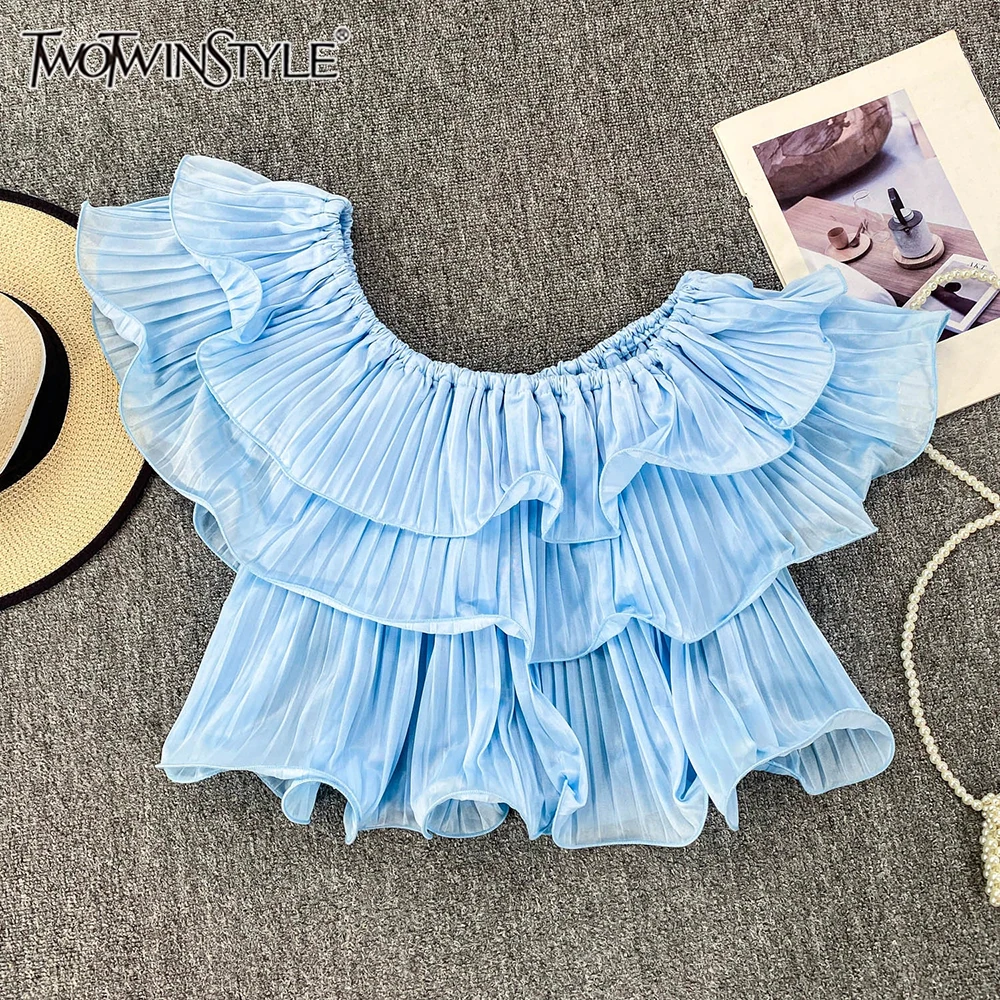 

TWOTWINSTYLE Cute Solid Slimming Folds Mini Blouses For Women Round Neck Short Sleeve Summer Chic Blouse Female New KBL542232