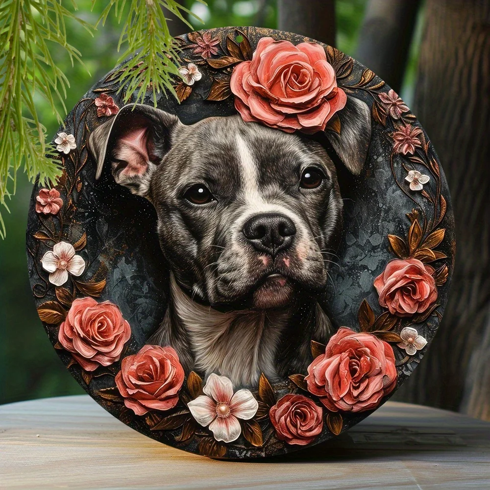 1pc 8x8 Inch Vibrant Spring Aluminum Tin Sign - Faux Resin Painting, Round Wreath Decor, American Staffordshire Terrier Theme