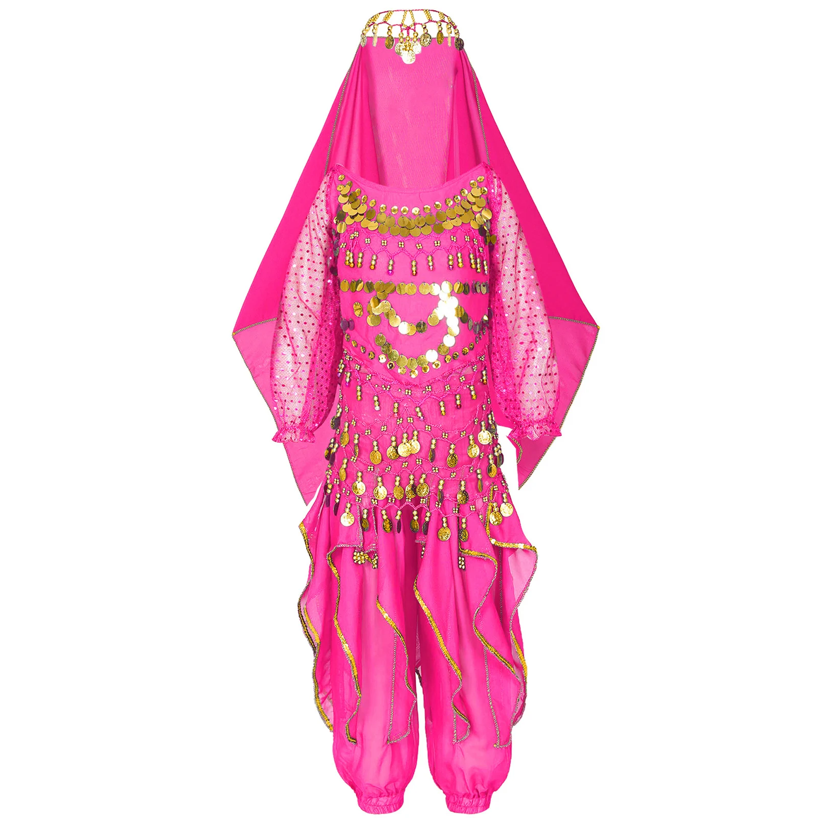 Kids Girls Belly Dance Performance Costume Dancewear Lace Sleeve Sequins Tassel Crop Top Ruffled Pants Hip Scarf Headscarf