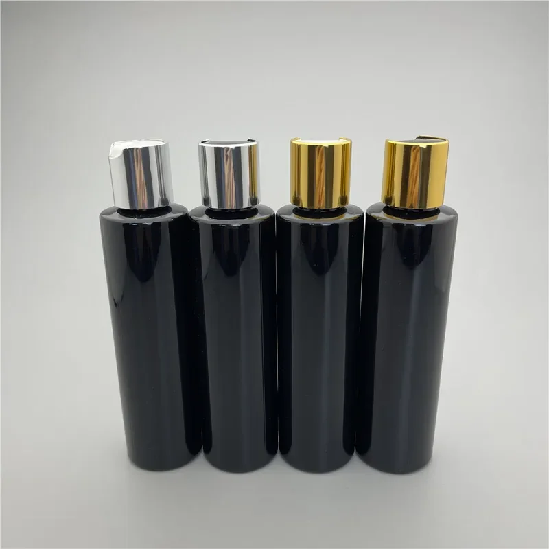 

180ML X 30 Black Empty Flat Shoulder Plastic Bottles Containers Gold Silver Disc Top Cap Shampoo Shower Gel Packaging Bottles
