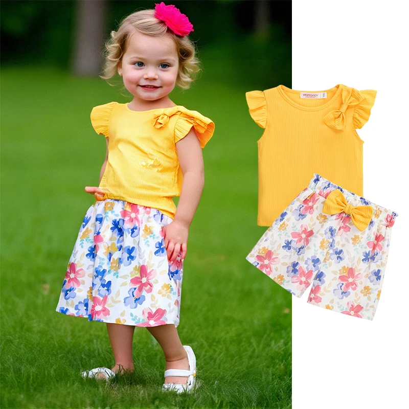

Sweet Pants Set for Kids Girl Summer Comfortable Printed with Yellow Bow Casual Top+Pants Short Daily Children Clothing 2PCS Set