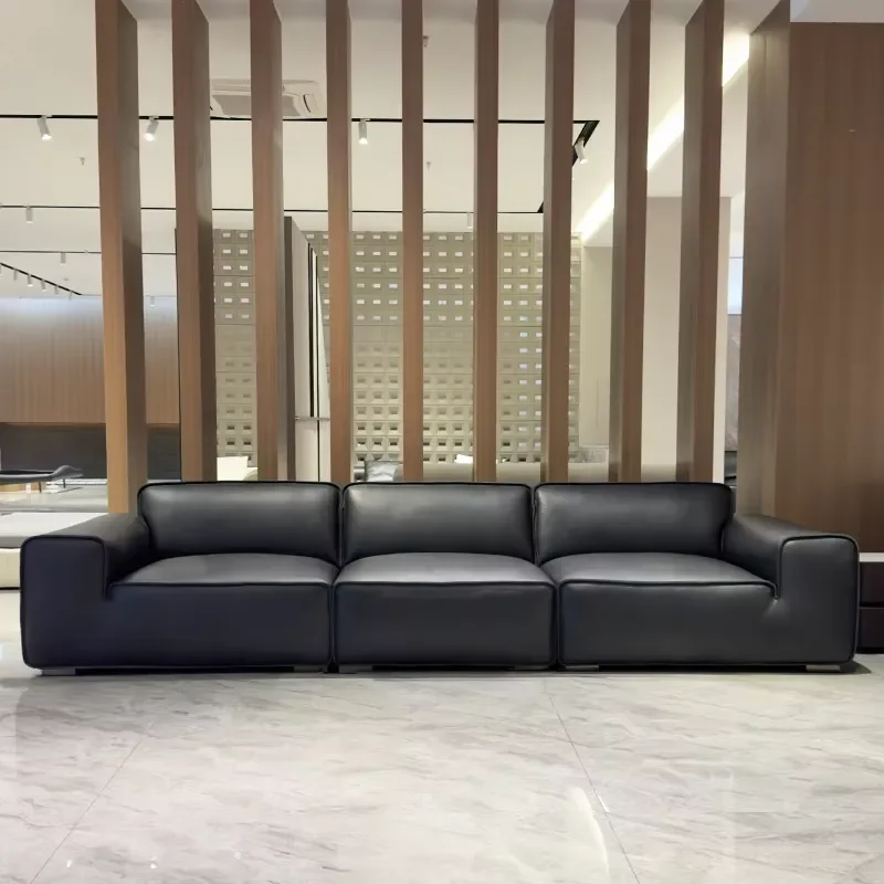 Italian Minimalist Head Layer Full-Grain Leather Large Black Beef Sofa Living Room Direct Sofa