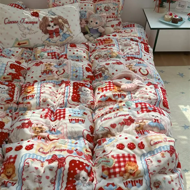 

Теплый комплект постельного белья из кораллового флиса и молочного вельвета из четырех предметов для осени и зимы, уютный комплект для кровати Dr Pear: пододеяльник и простыня.