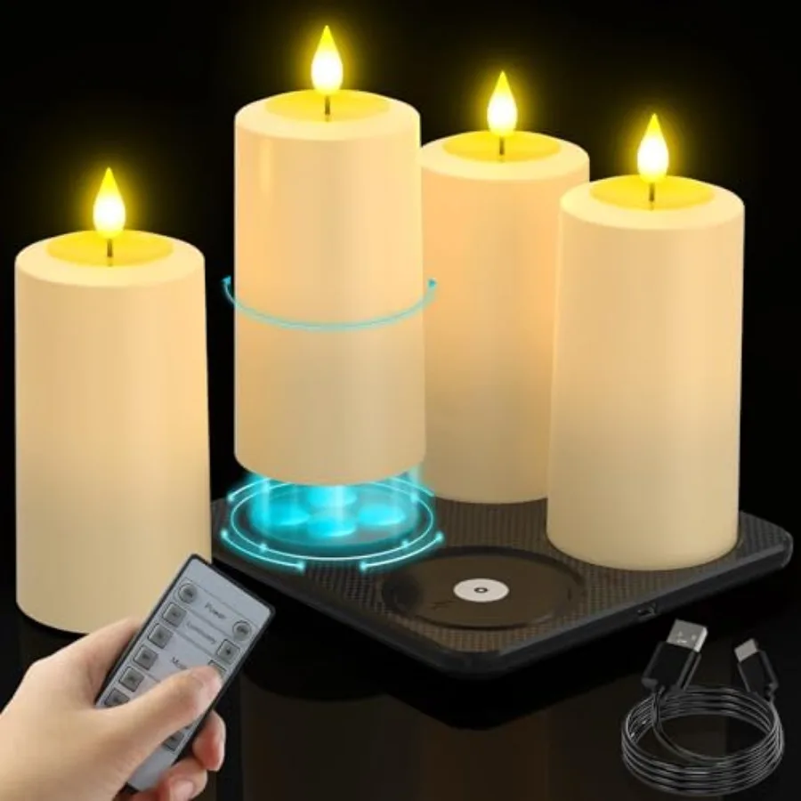 

Беспламенные светодиодные свечи, 4 шт., перезаряжаемые, с эффектом мерцания, водонепроницаемые, белые, в форме столбиков, с магнитной зарядной базой и пультом ДУ, таймером
