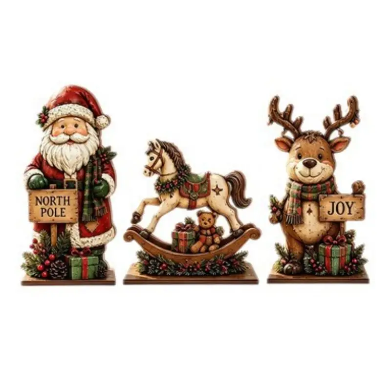 3Pcs 2D Flat Wooden Christmas Decor Set, Vintage Santa Reindeer Rocking Horse For Mantel Tabletop Decor