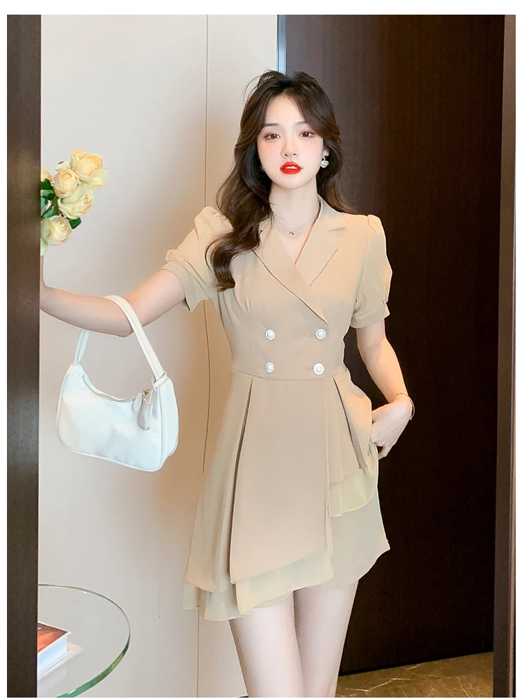 Real Photo Summer New OL Short Blazer Dress Outfits Bodycon Double Breasted Pleated Dress and Shorts Two-Piece Set Suits Female