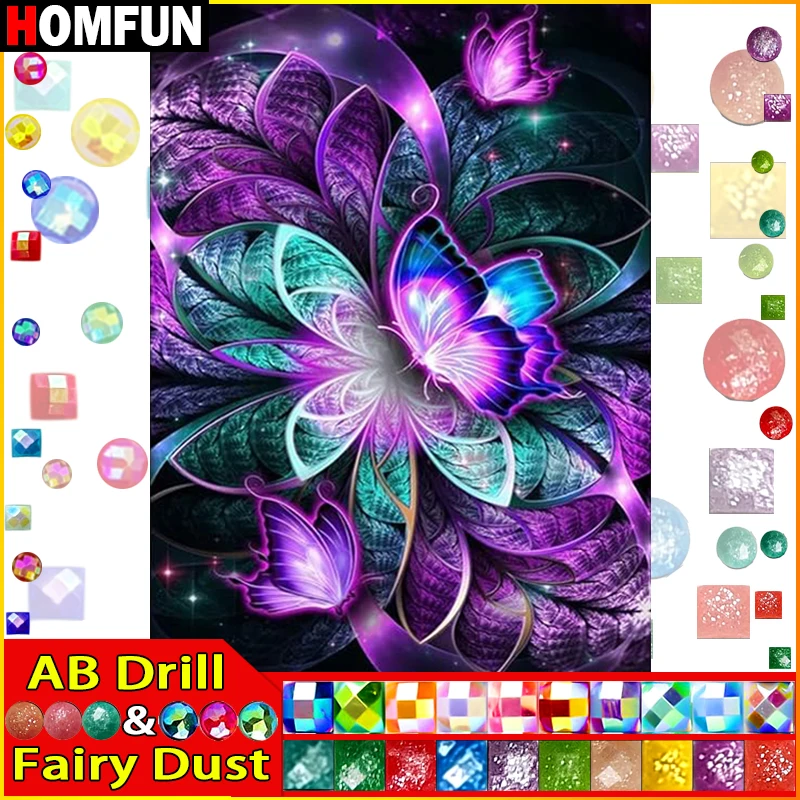

HOMFUN Фея Пыль AB DIY Алмазная картина "Цветочная бабочка" Полная дрель Квадратная круглая Алмазная вышивка 5D Алмазное украшение