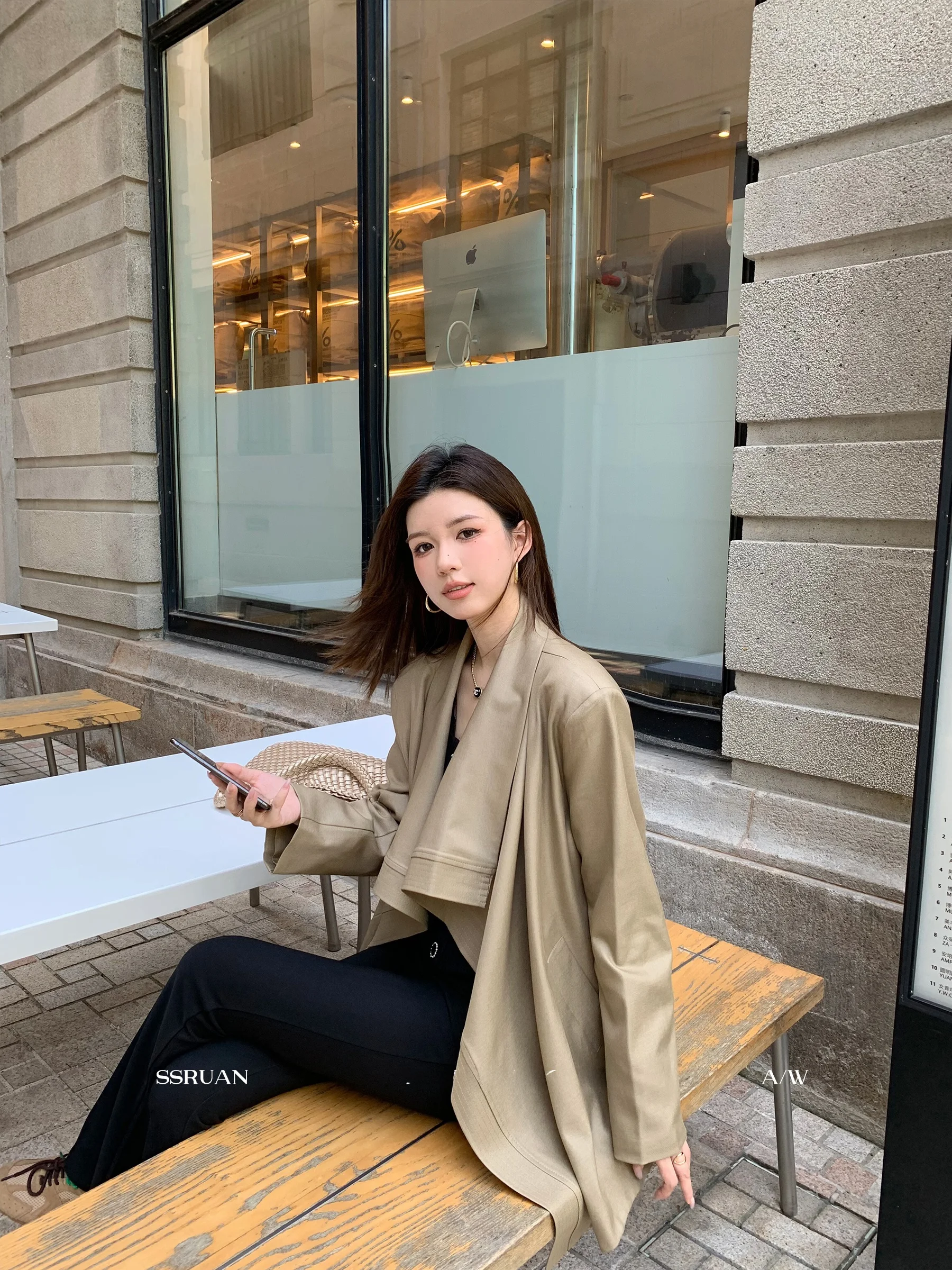

Sam Seoi Long Sve Lapel Windbreaker Coat Irregular Medium Length Women's Suit Loose Personali Casual Workwear