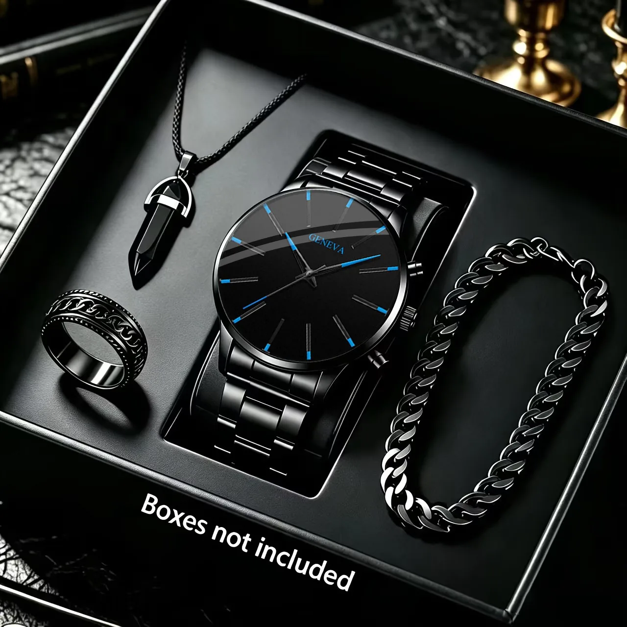 4-Piece Luxury Men's Watch and Accessory Set, Business Casual Stainless Steel Watch, Stylish Round Dial, Classic Strap, Perfect Gift for Father's Day, Birthdays, Ramadan, Back-To-School Season, and Everyday Wear