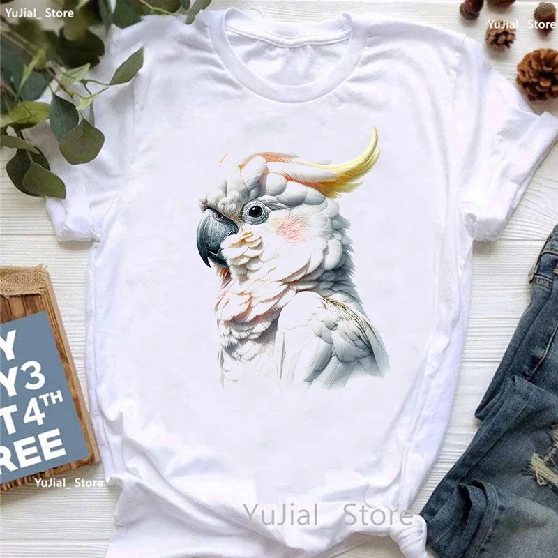 Tropical Cockatoo Bird Printed Tshirt Women'S Clothing Funny White T Shirt Girls Harajuku Kawaii Clothes Summer Fashion T-Shirt