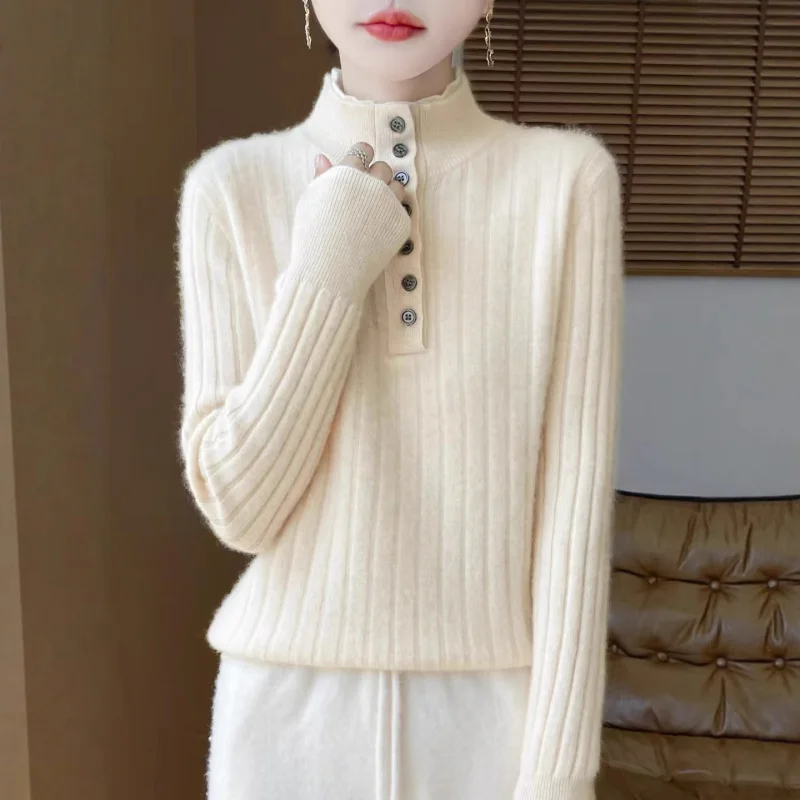 

Half Open Collar Wool Sweater Women Pullover Outerwear Fashion Two-Piece Knitted Base Layer Ladies Top