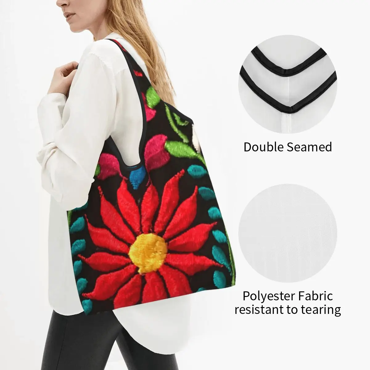 Mexican Spanish Flowers Grocery Tote Shopping Bag Women Fashion Traditional Textile Flowers Shopper Shoulder Bag Handbag