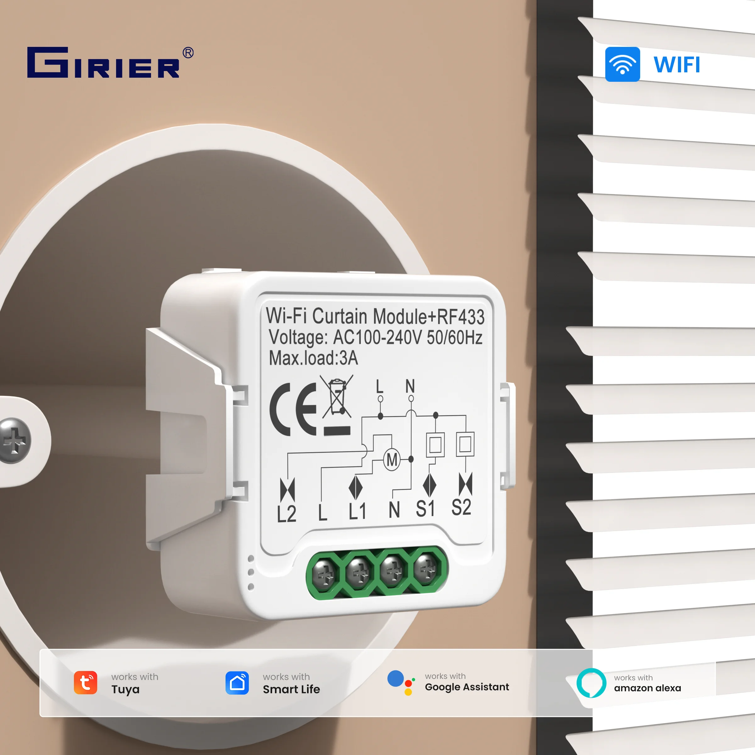 GIRIER Tuya WiFi RF433 Curtain Switch Module Smart Curtain S