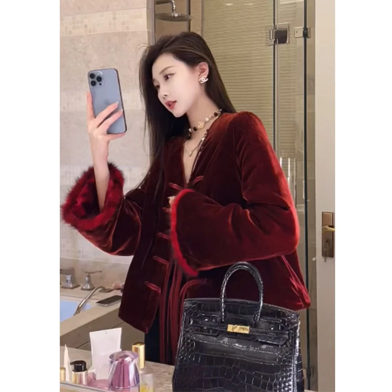 

Short Coat For Women Autumn New Chinese Style Round Collar Disc Buckle Loose Tang Suit Top Women Vintage Red Warm Coat