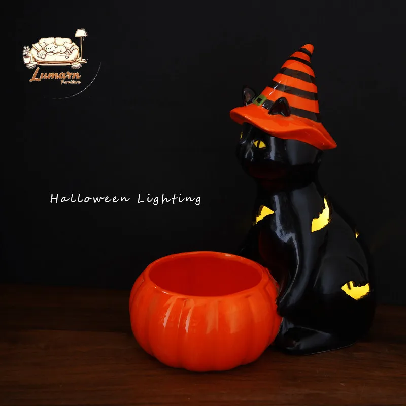 Dark series, export European black cat-shaped ceramic lighting candle holder, bat hollow Halloween decoration arrangement