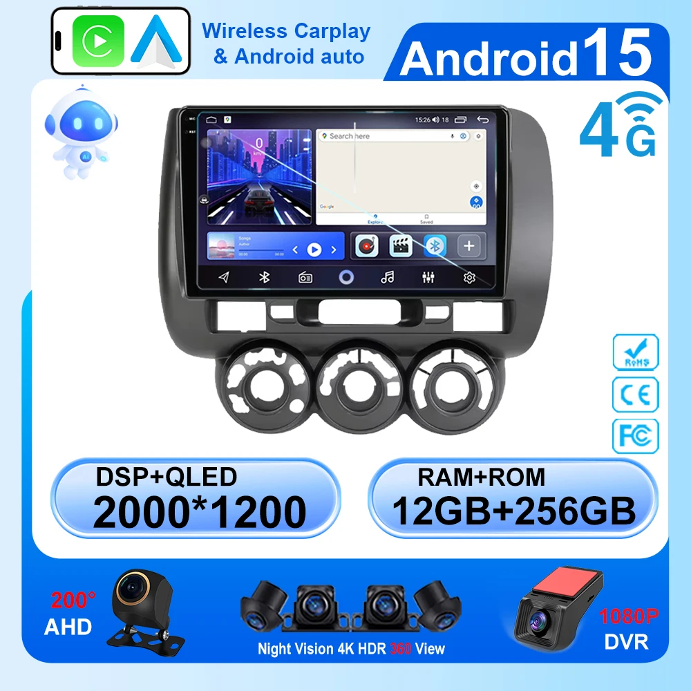 

For Honda Fit Jazz City 2002-2007 Car Radio Android 15 Carplay Navigation GPS Stereo Head Unit Android Auto No 2din DVD Wifi 5G