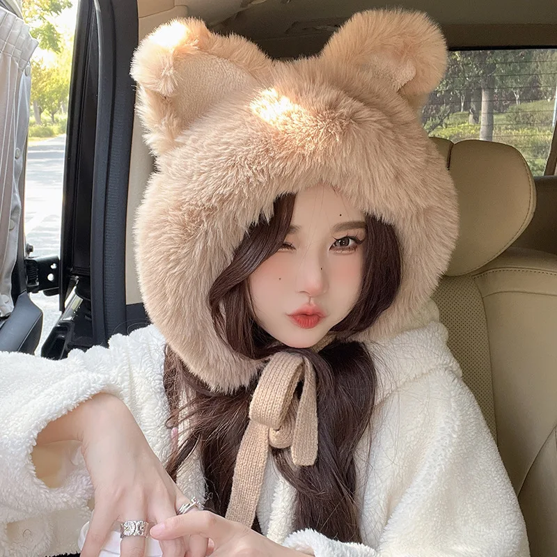 Fox Ear Hat Female Winter Sweet and Cute Knitted Woolen Lei Feng Hat Plush Thick and Warm Northeast Mongolian Hat Ear Protection