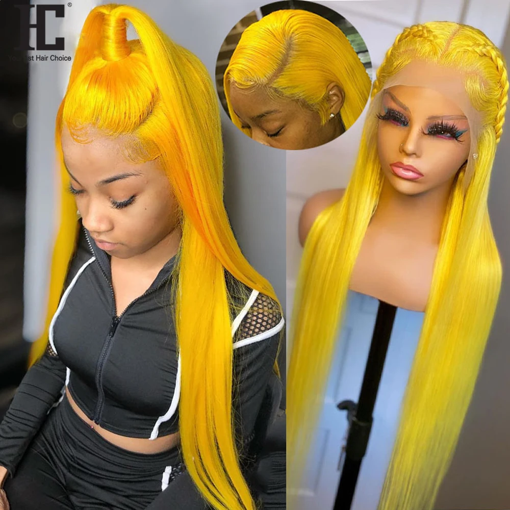 Yellow 13x4 Lace Frontal Wig 38 Inch Brazilian Straight Human Hair Lace Front Wigs Pre Plcuked HD Transparent Lace Front Wig HC