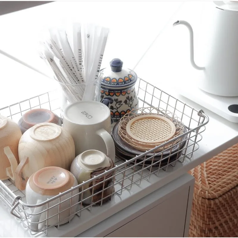 

304 Stainless Steel Storage Basket Stackable Kitchen Organizer Bin with Handles Multi-Purpose Wire Container Sundries Organizer