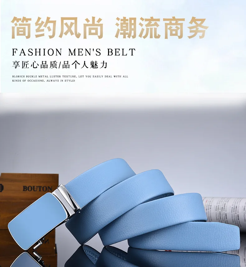 Breite 3cm 3,5cm Neues Design Herren- und Damen-Gürtel Zweischichtiges Rindsleder Automatische Schnalle Lässiger Ledergürtel Himmelblau Beliebte Farben 110cm – Detail 2
