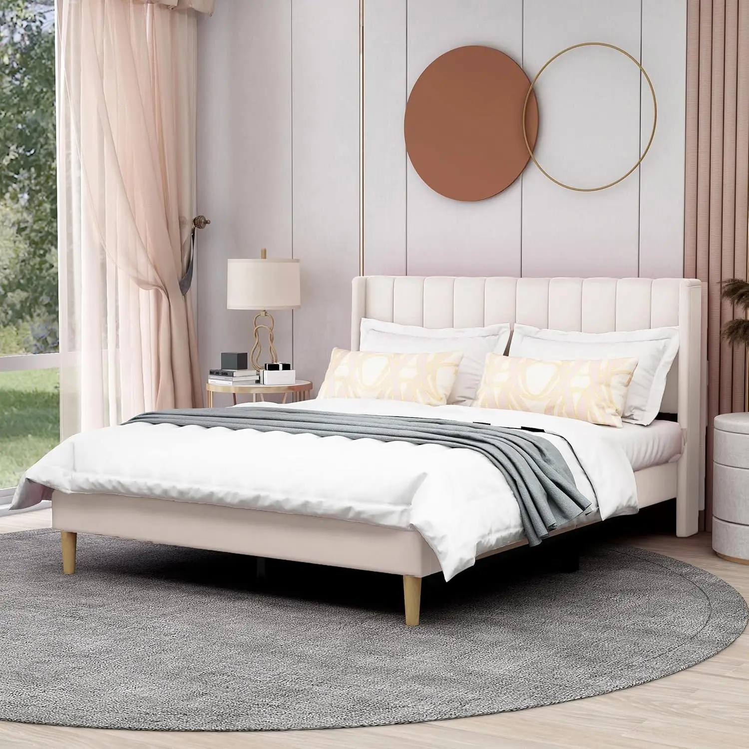 Upholstered Platform Bed Frame Queen Size with Headboard and Footboard/Wooden Slats Support/No Box Spring Needed/Easy Assembly