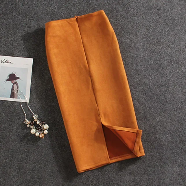 Women Skirts Suede Split Thick Stretchy Skirt Female Pencil Skirts Jupe Femme Faldas Mujer