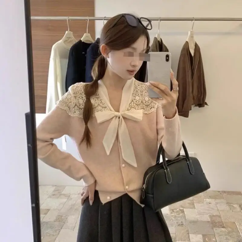 2026 여성 스웨터 새로운 니트웨어 여성 의류 탑 패션 Y2K 카와이 따뜻한 레이스 리본 귀여운 긴 소매 캐주얼 가을 의류