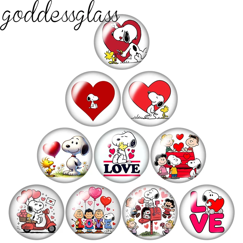 Happy Valentine's Day Snoopy Love Hearts 12mm/18mm/20mm photo glass cabochon flat back making findings for keychain Jewelry