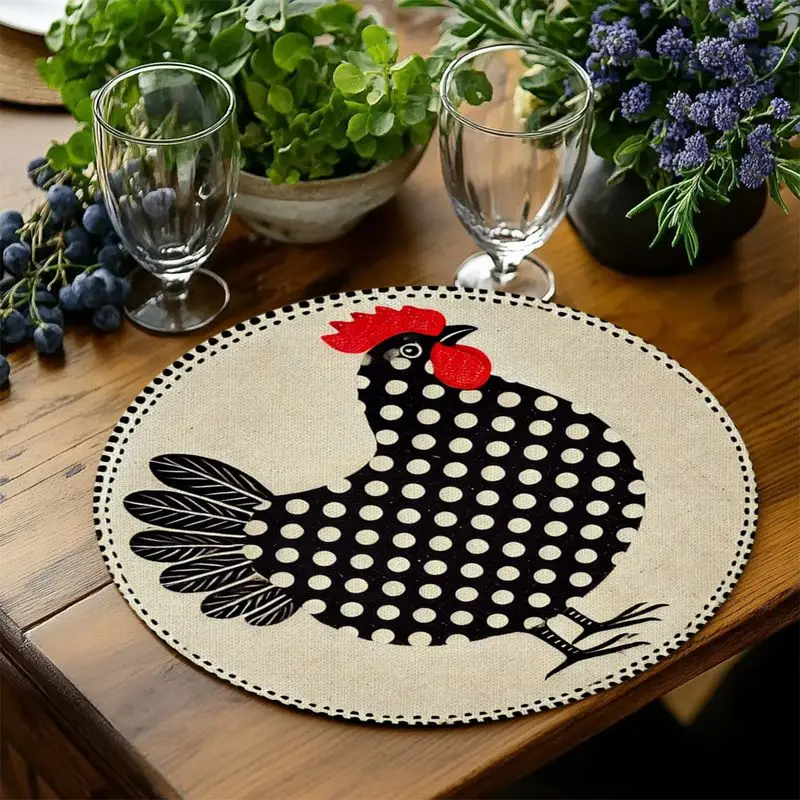 VIKAMA Wave Point Black Hen Round Meal Mat Insulation Table Mat Rural Farm Wind Swing Plate Mat Dining Table Decoration